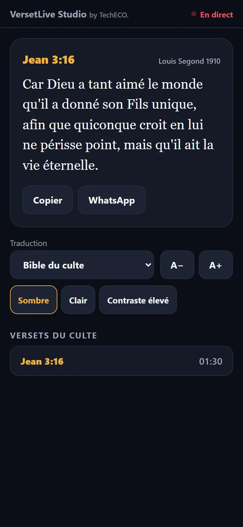 La page des fidèles sur un téléphone